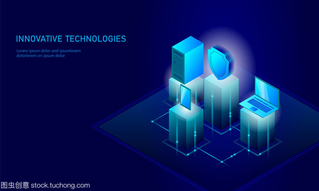等距互聯網安全盾的經營理念。藍色發光等距個人信息數據連接 pc 智能手機未來技術。3d 圖表矢量圖